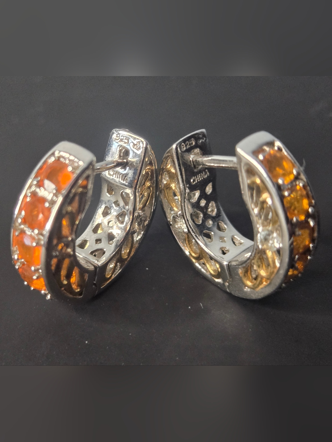 Sterling Silver Huggie Hoop Earrings W Orange Gems+ Gold Filigree 5.51 Grams
